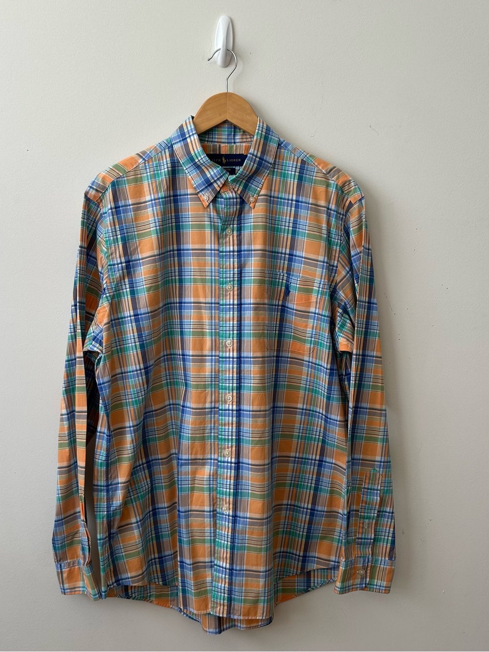 Ralph Lauren Polo Plaid Button Down Long Sleeves Shirt Large Orange Blue
